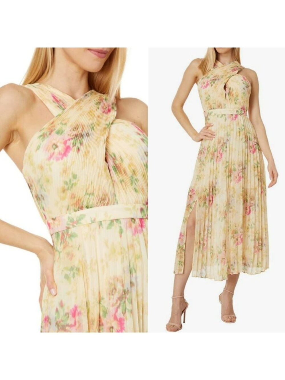 Ted Baker London Yellow Amerah Cross Front Floral Pleated Midi Dress Wedding